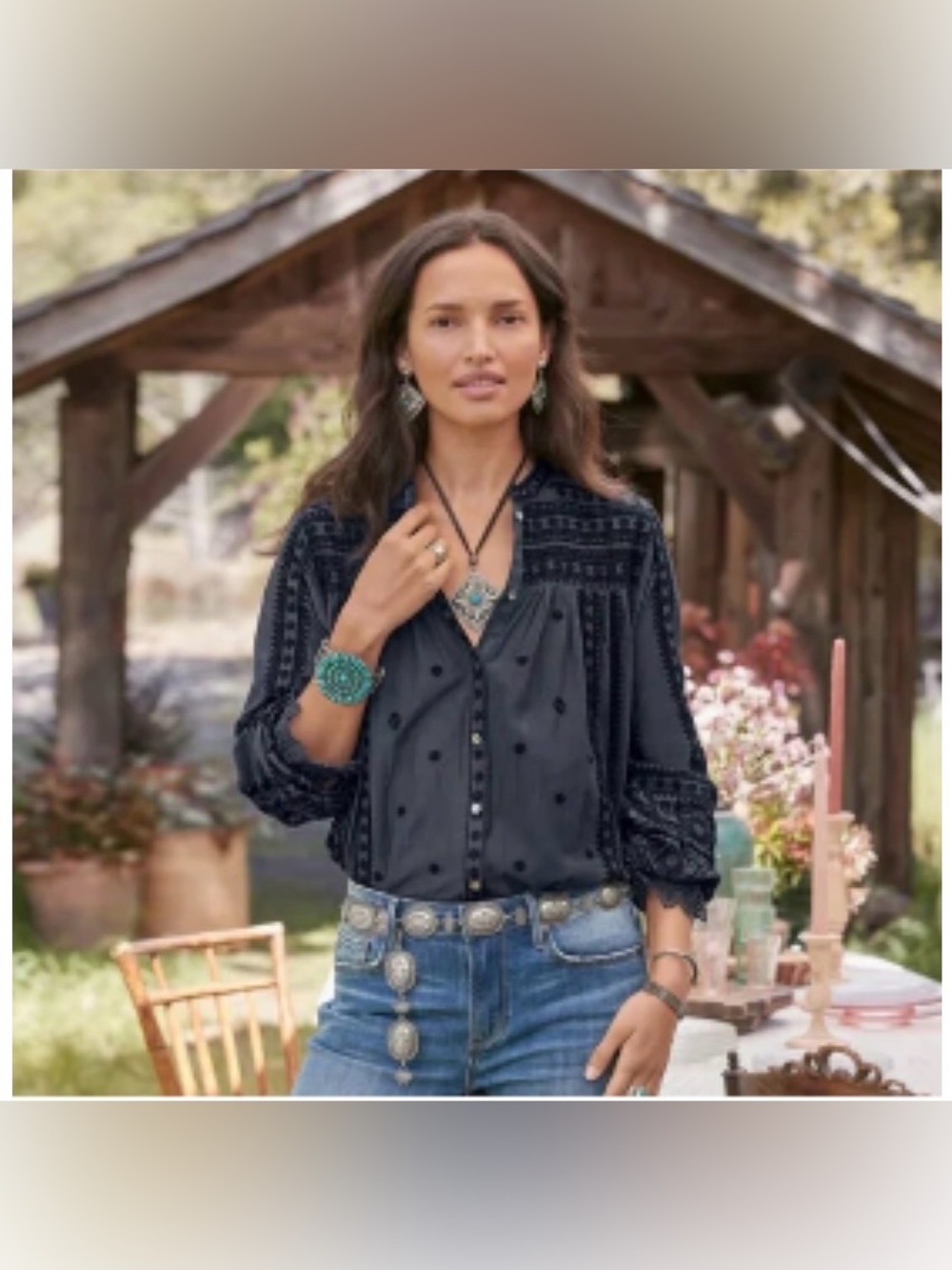 Sundance Gray Embroidered Button-Front Blouse
